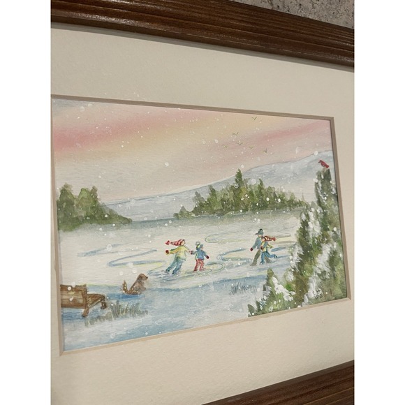 Vintage Framed Watercolor Art Painting Winter Scene Snow Signed CH 2002 Matted - Picture 2 of 16